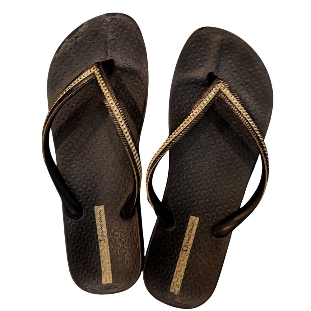 Ipanema Grendene Womens Flip Flop Sandals Black Gold Chain Detail Size 7 Brazil